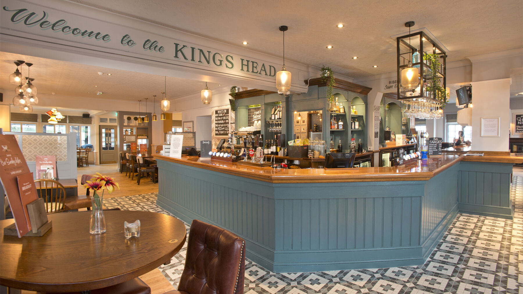 The duck-egg blue bar corner at the Kings Head with its mosaic floor
